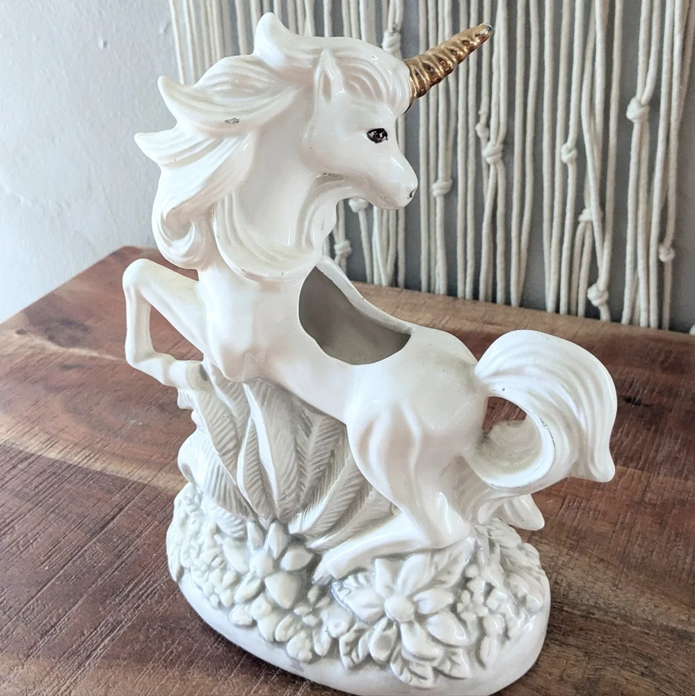 Vintage Ceramic Unicorn Planter | 9” Tall, Gold Horn, White Horse Figurine Boho